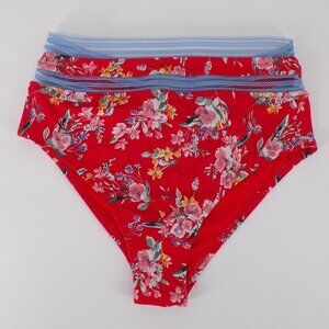 Jessica Simpson Swim Bottom High Waisted Red Floral with Lace Trim. EUC. Size S